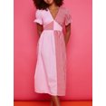 thumbnail image 3 of Elippeo Women Midi Dress Plaid Contrast Color V-Neck Short Sleeve Dress A-line Dress Summer Casual Dress, 3 of 8