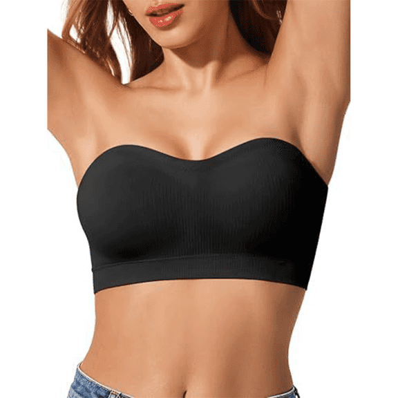 VISALY Seamless Strapless Bandeau Bra Wireless Non-Slip Tube Top Supportive Bra Wireless No Underwire Padded Tube Bra Bralette for Under Dresses Comfortable Support No-Strap Underwear Black L