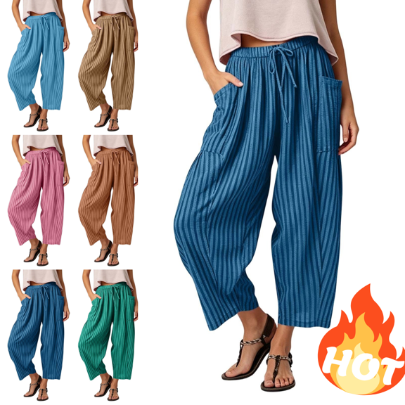 Mifsaly Harem Pants Women Striped Elastic Waist Drawstring Casual Pants Ankle Length Loose Fit Comfy Lounge Trousers with Pockets Blue,L