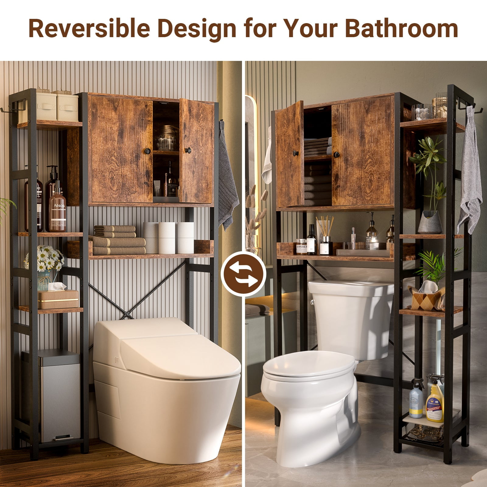 Over The Toilet Storage Cabinet with Doors, Homieasy 7 Tier Bathroom Organizer with Adjustable Shelf and 4 Hooks, Space Saving Rack for Bathroom, Restroom, Laundry