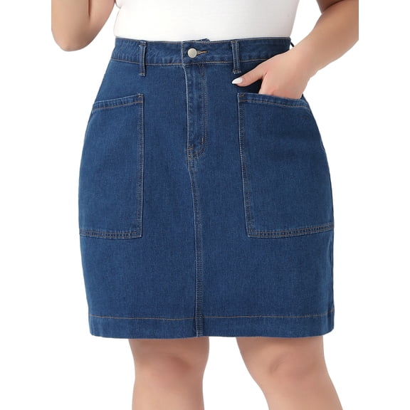 DARING DIVA Women's Plus Denim Pencil Skirt High Waist Knee Length 1X Blue