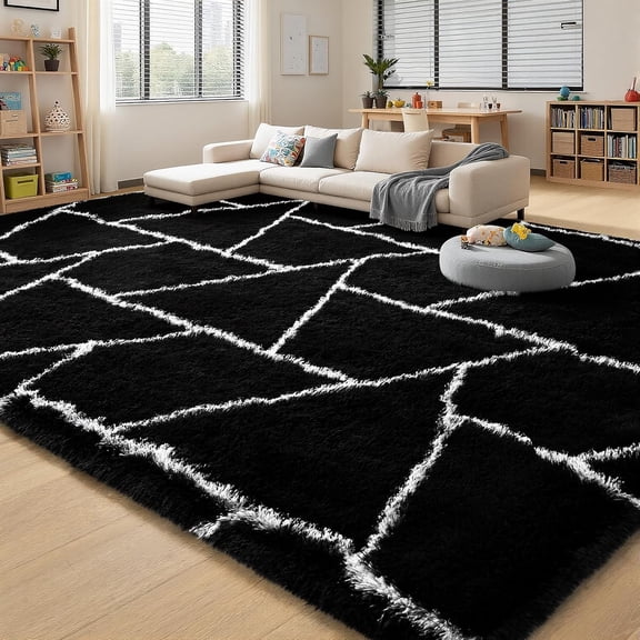 Fluffy Area Rugs for Living Room Bedroom, Modern Geometric 4x6 Feet Black Rug, Soft Plush Shaggy Fuzzy Floor Bedside Carpet for Nursery Kids Girls Boys Teen Dorm Home Office Decor