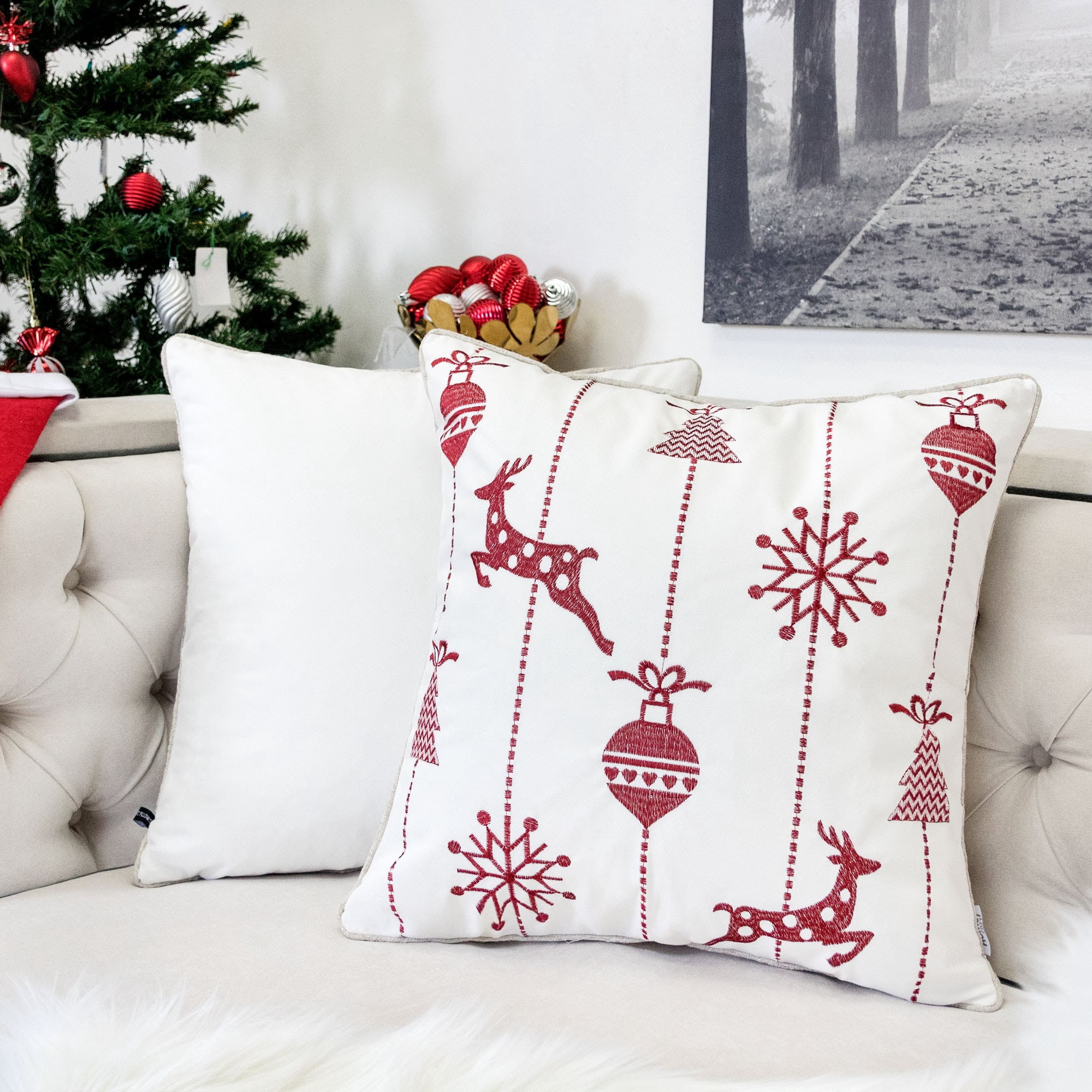 Red Christmas Embroidered Throw Pillow with Reindeer Ornaments Trees Snowflakes 20x20 Inch Holiday Decor