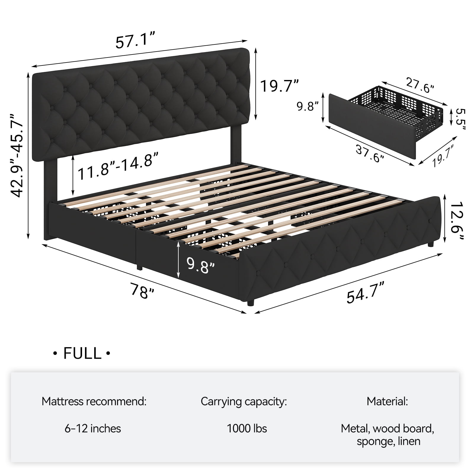 Shininglove Full Size Bed Frame with Storage - Linen Upholstered Platform Bed, 4 Spacious Drawers, Diamond Tufted Headboard, No Box Spring Needed(Black)