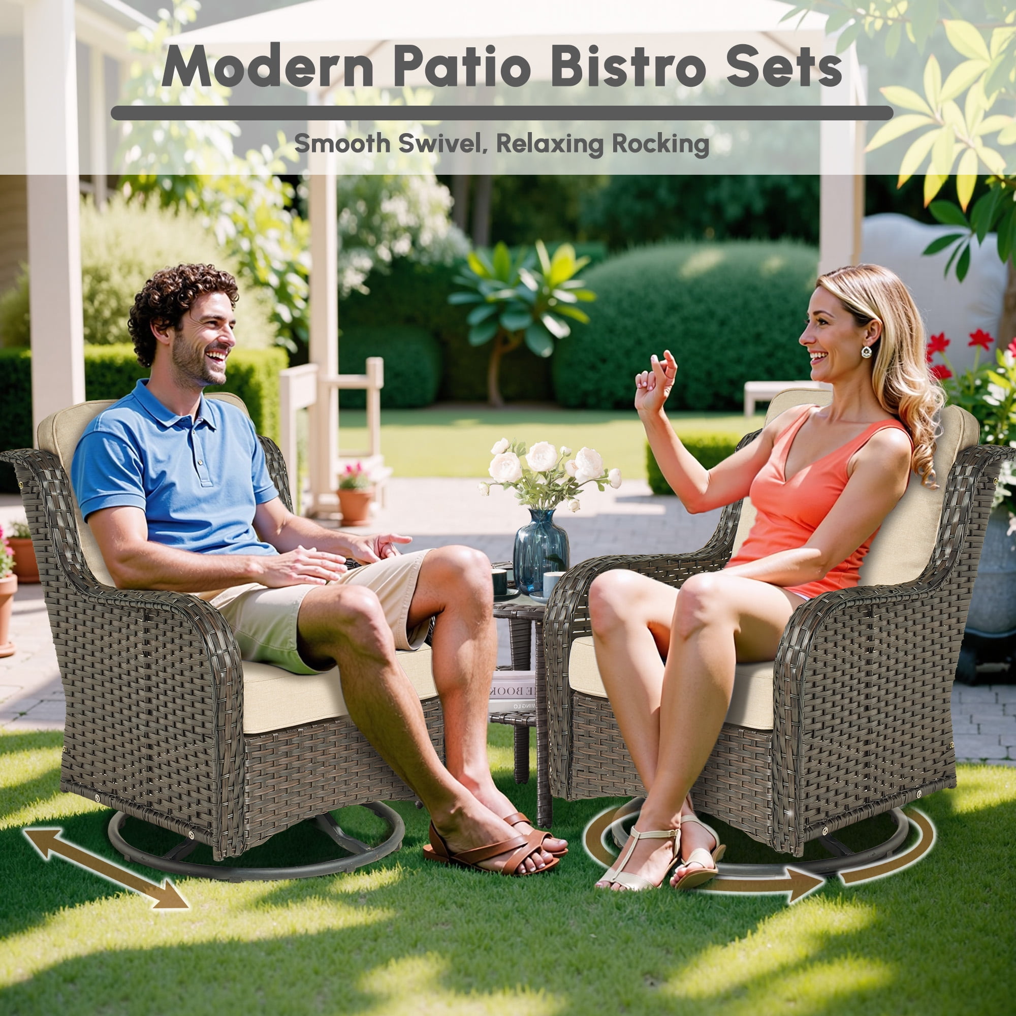 Ovios 6-Piece Patio Furniture Set All-Weather Wicker Outdoor Conversation Set with Sofa Swivel Chairs and Ottomans, Beige