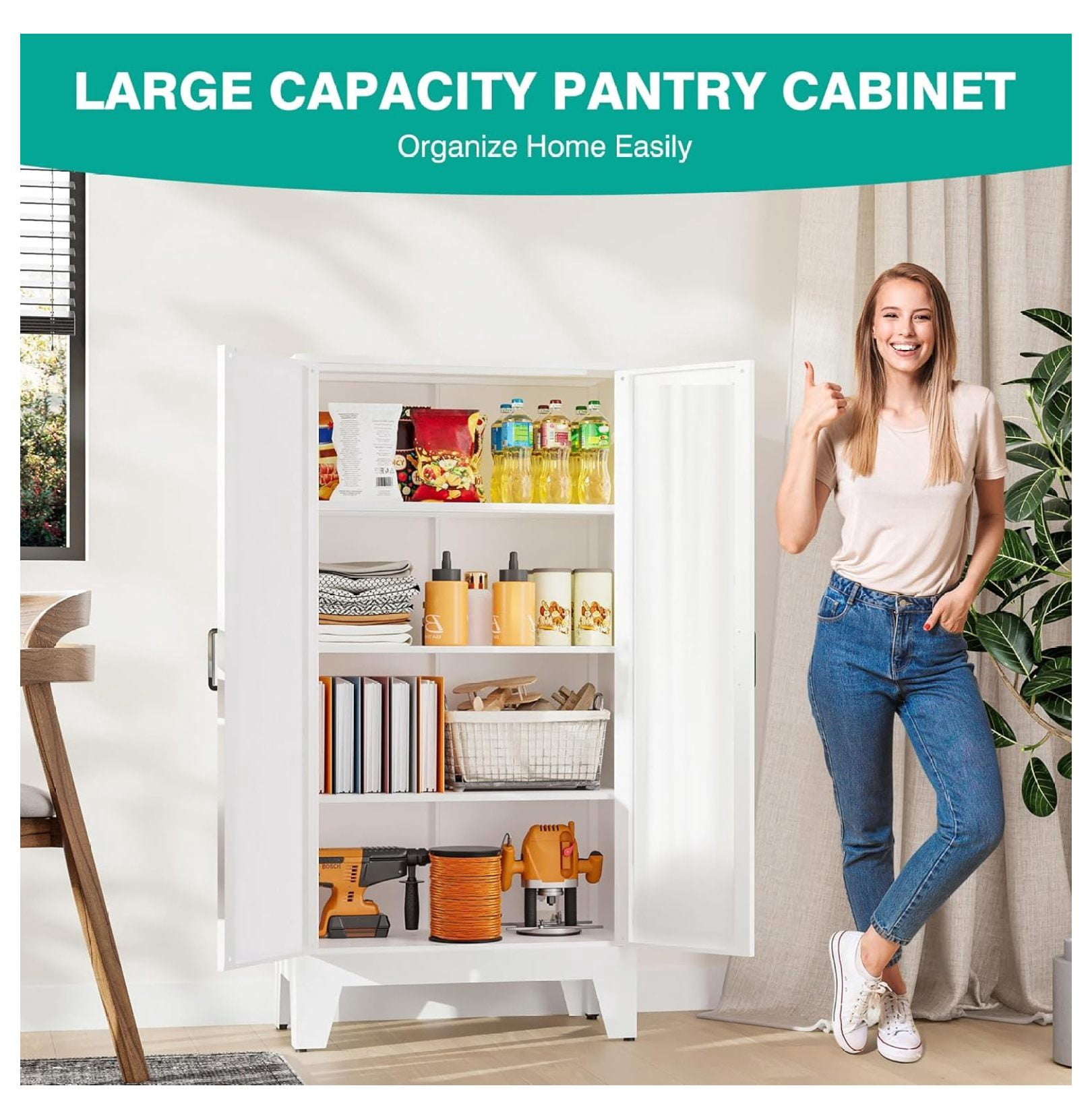 Metal Storage Cabinet with 2 Doors and 3 Shelves,White Pantry Storage Cabinet with Legs,Farmhouse Pantry Cabinets Cupboard,Bathroom Cabinets for Home,Kitchen,Dining/Living Room (47.3" H)