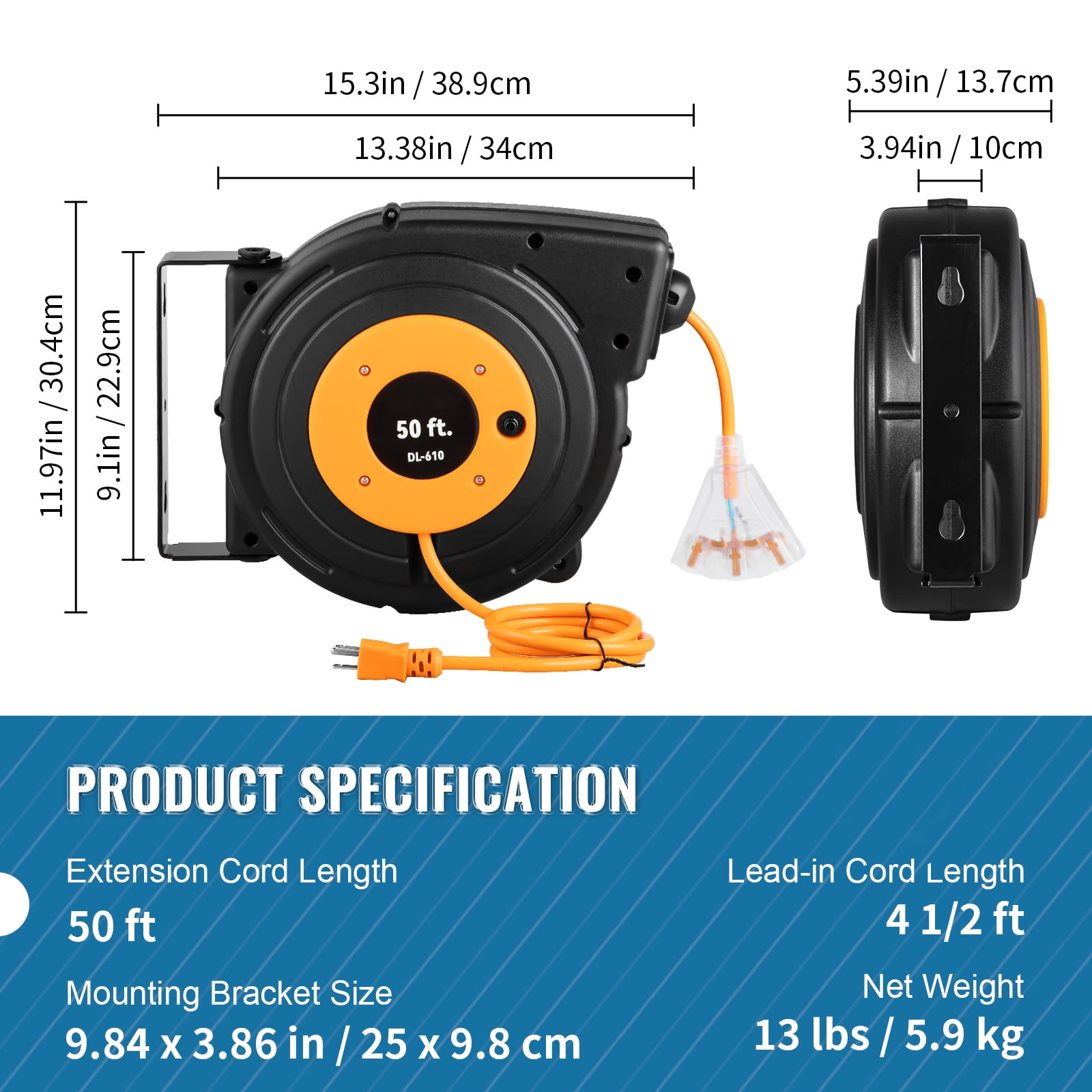 KFFKFF 14 Gauge Extension Cord Reel, 50 ft Retractable Extension Cord, 14 AWG/3C SJTOW Cable with Illuminated Triple Tap Socket, 13 Amp Circuit Breaker, 180° Pivoting Bracket for Overhead