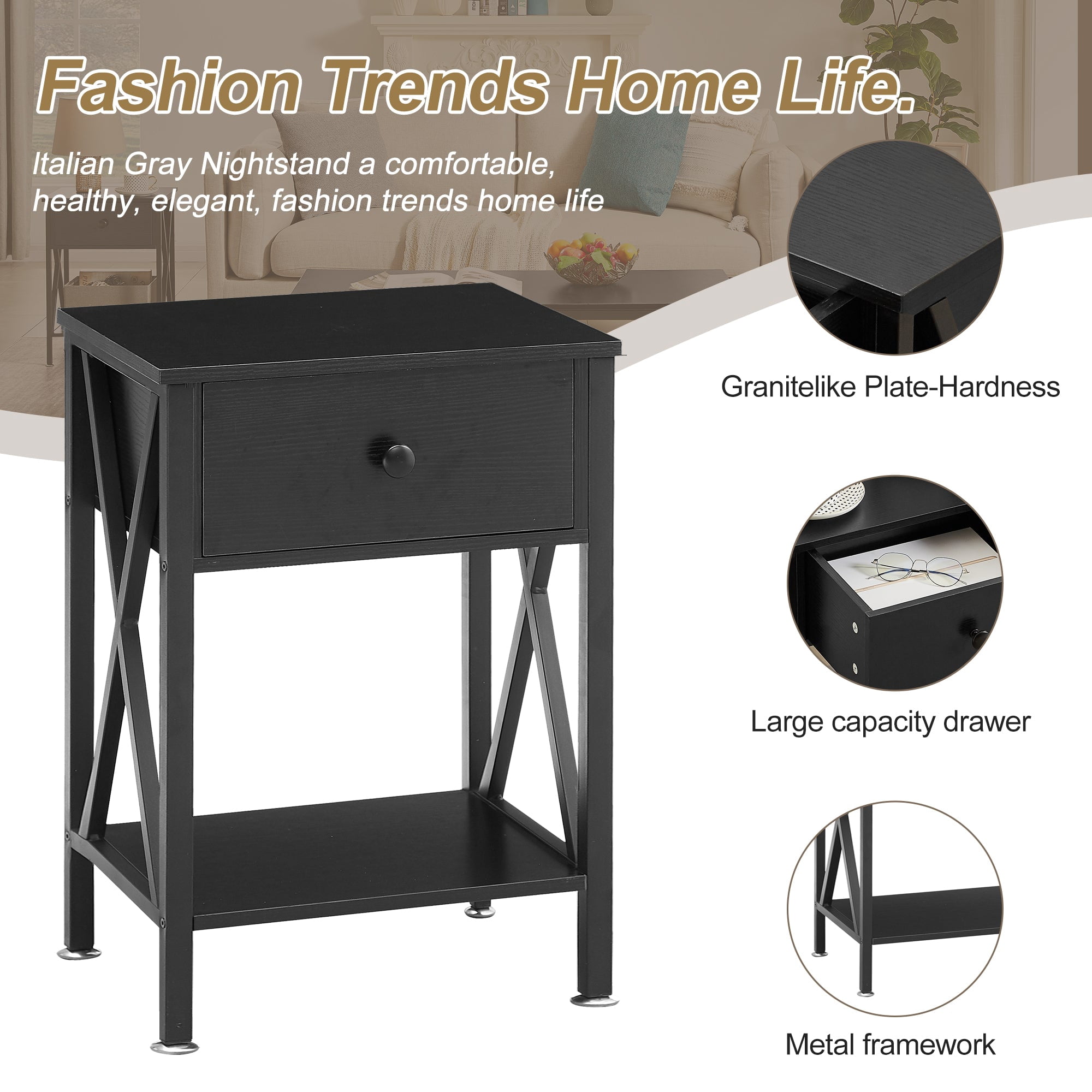 VECELO Nightstands Set of 2, Industrial End Table with 1-Drawer & Storage Shelf, Small Bedside Table Organizer for Small Space, Side Table for Bedroom Living Room, Black