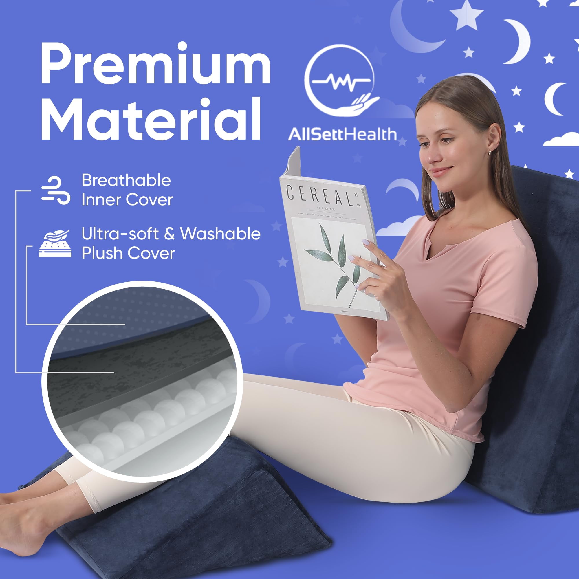 AllSett Health Bed Wedge Pillow Set – 2-Piece Memory Foam Support Cushions for Back, Legs & Knees, Navy