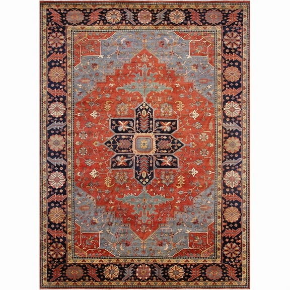 Pasargad Home Serapi 9' x 12' Hand-Knotted Wool Rust/Navy Rug - All Ages, Indoors