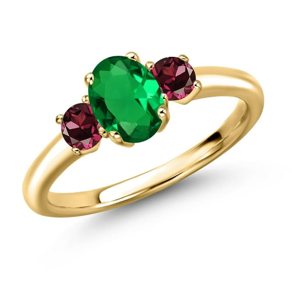 Gem Stone King 18K Yellow Gold Plated Silver Green Nano Emerald and Red Rhodolite Garnet Engagement Ring for Women | 1.04 Cttw | Oval 7X5MM | Gemstone May Birthstone | Size 7