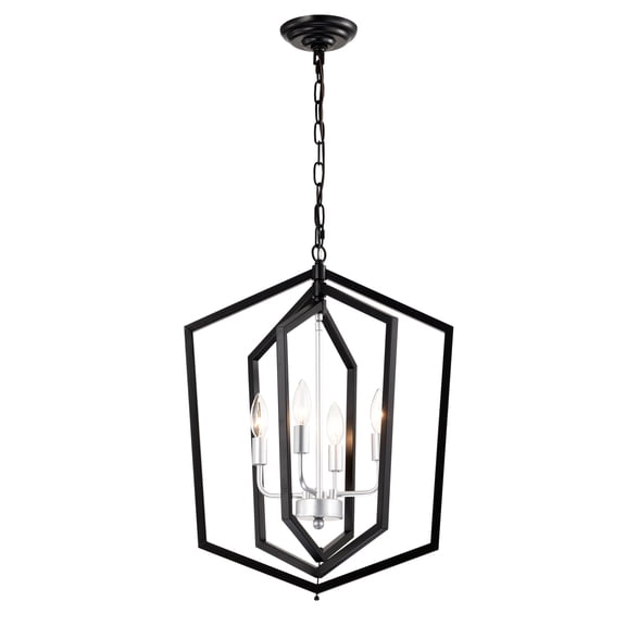 Coowa 4 Light Farmhouse Lantern Chandelier Matte Black and Silver Rustic Cage Ceiling Light Fixture with Adjustable Height for Dining Room Kitchen Hallway Entryway (E12 Bulbs Not Included)