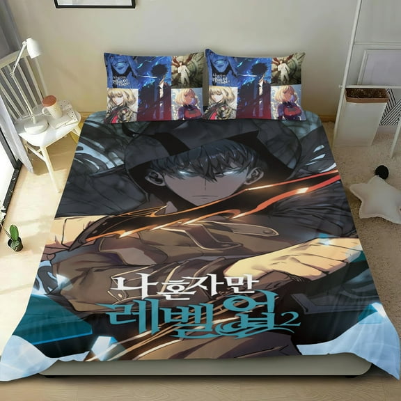 Solo Leveling 3 Piece Bedding Set Comforter Set Cute Duvet Cover Sets Super Soft Teens Bedding Set Kids Bedroom Gifts,1 Duvet Cover with 2 Pillowcases Twin