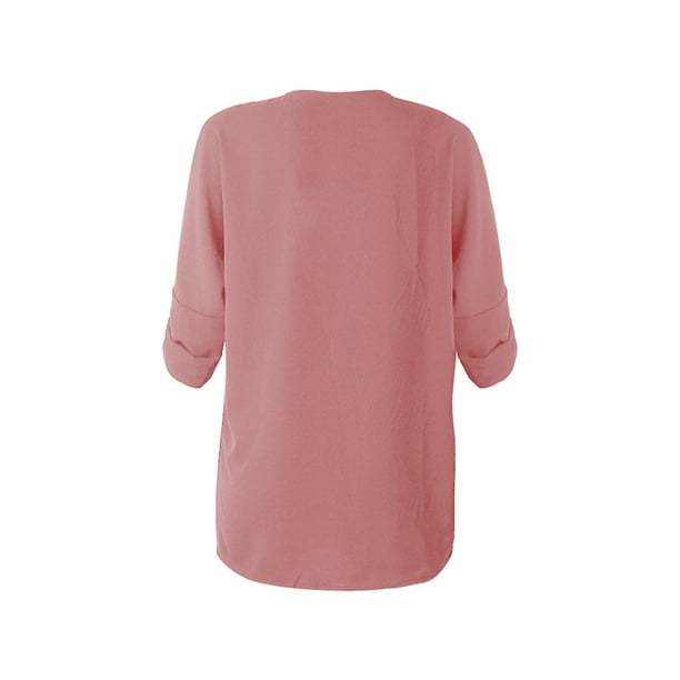 Sonducket Camisa de mujer con cuello en V Blusa suelta Manga larga Color sólido Top casual Prendas para la parte del cuerpo Rojo M