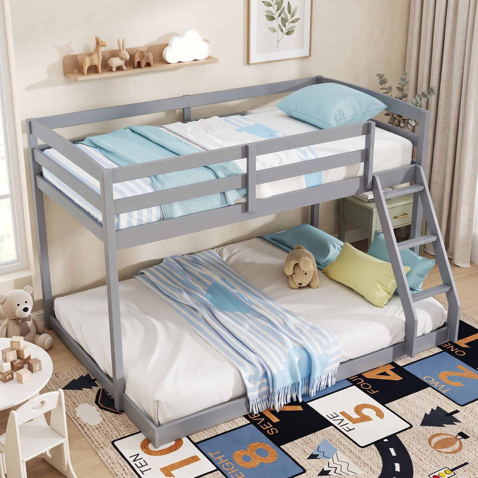Furnibear Twin Over Full Low Floor Wood Bunk Bed with Guardrails and Integrated Ladder for Kids Teens and Guest Rooms, Gray