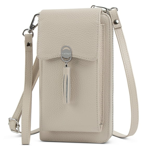 Pearl Angeli Women's Leather Mobile Phone Crossbody Cell Phone Bag RFID (Beige)