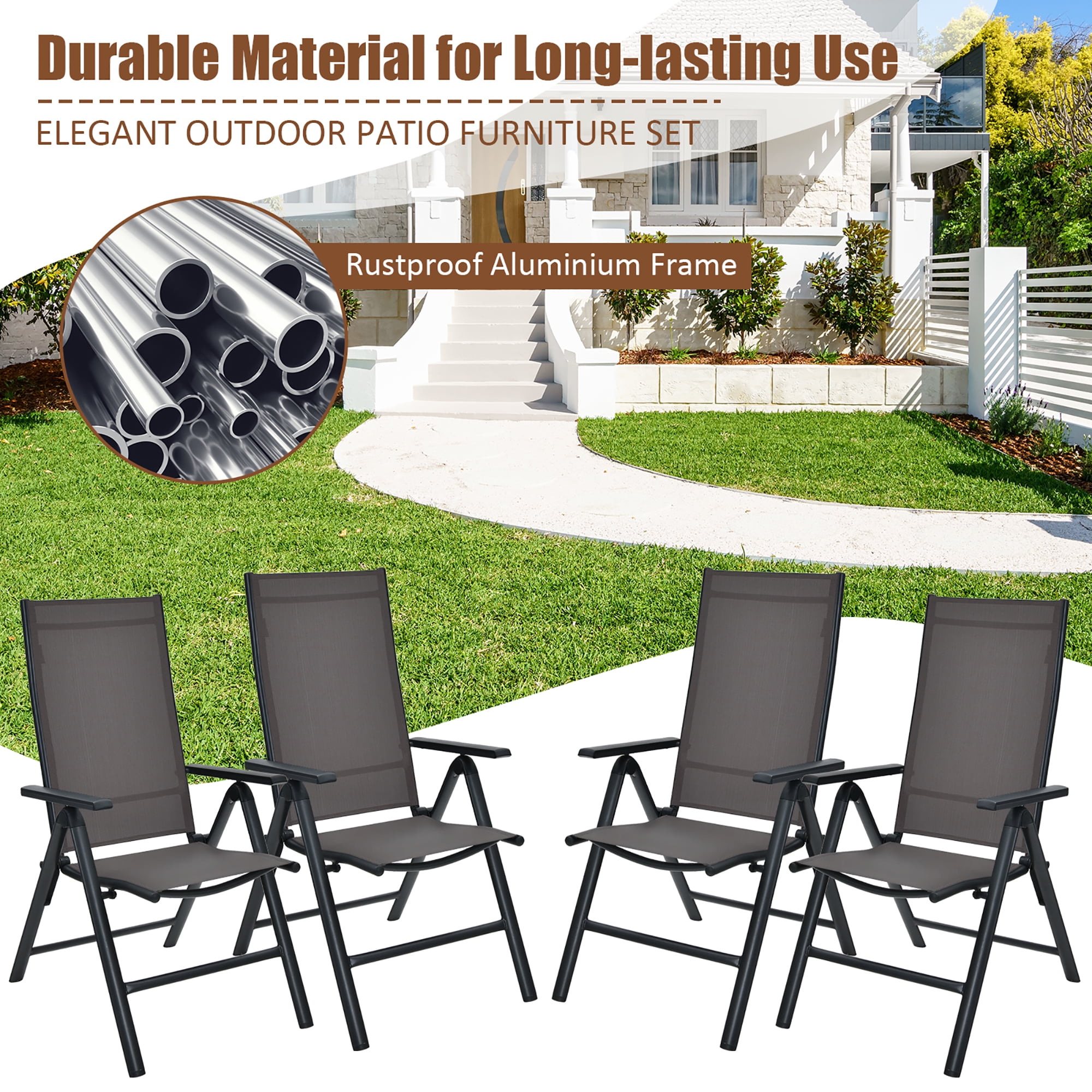 Costway 4PCS Patio Folding Dining Chairs Aluminium Adjustable Back Gray