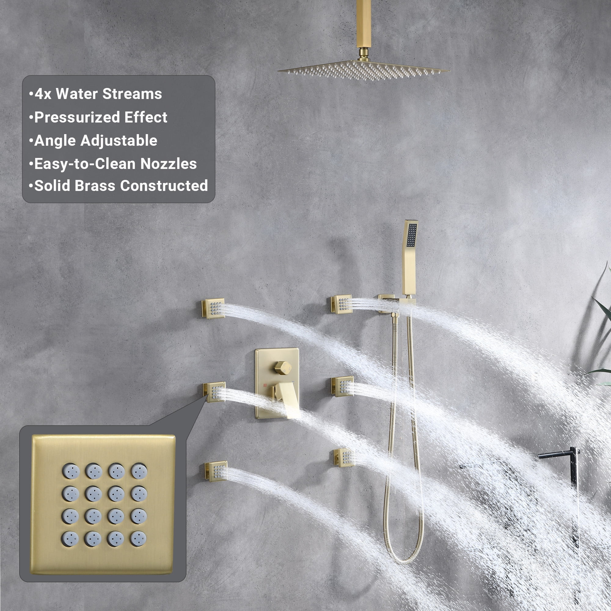 Shower Jets Rain Shower System with 12'' Ceiling Shower & Hand Shower, Brushed Gold Overhead Full Body Shower System with Body Shower Spray Jets Rain Shower Set