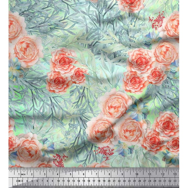 Soimoi Tissu en Voile de Coton Vert Imprimé Feuilles & Roses au Mètre 56 Pouces de Large