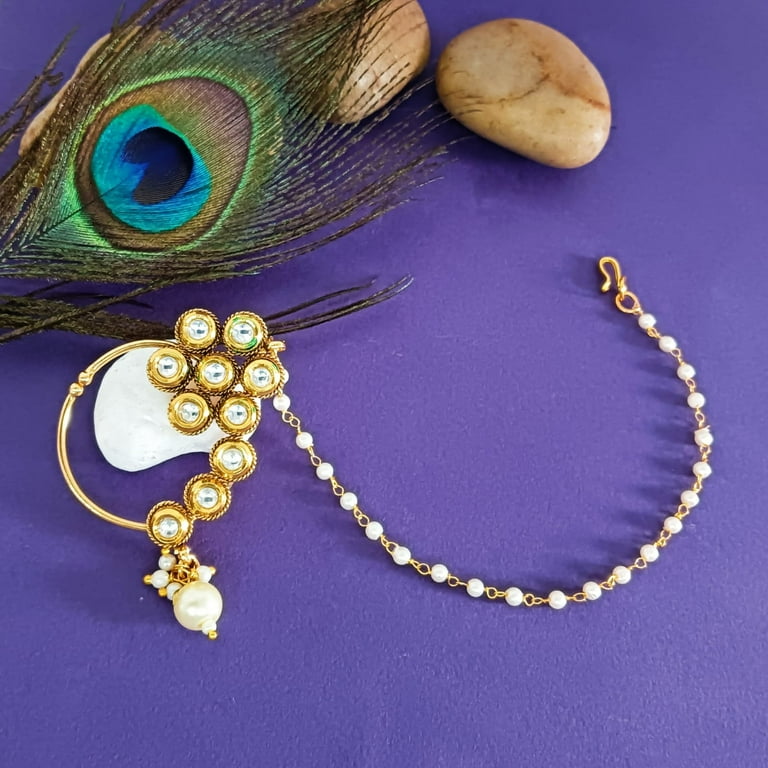 Efulgenz Indian Jewelry Kundan Crystal Nose Ring Hoop Pin Stud Fake Septum Ring with Faux Pearl Chain Nose to Ear Chain Non Piercing Body Jewelry