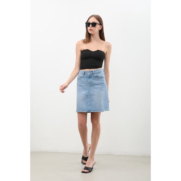 Women's High Waisted Stretch Denim Midi Skirt, Light Blue, Size S