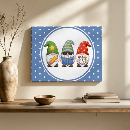 Gnomes Canvas Wall Art Modern Nursery Playful Pencil Book White Polka Dots Blue Wall Art Prints Artwork Framed Canvas Ready to Hang Art Pictures for Living Dining Room Bedroom Hallway 24 x 20