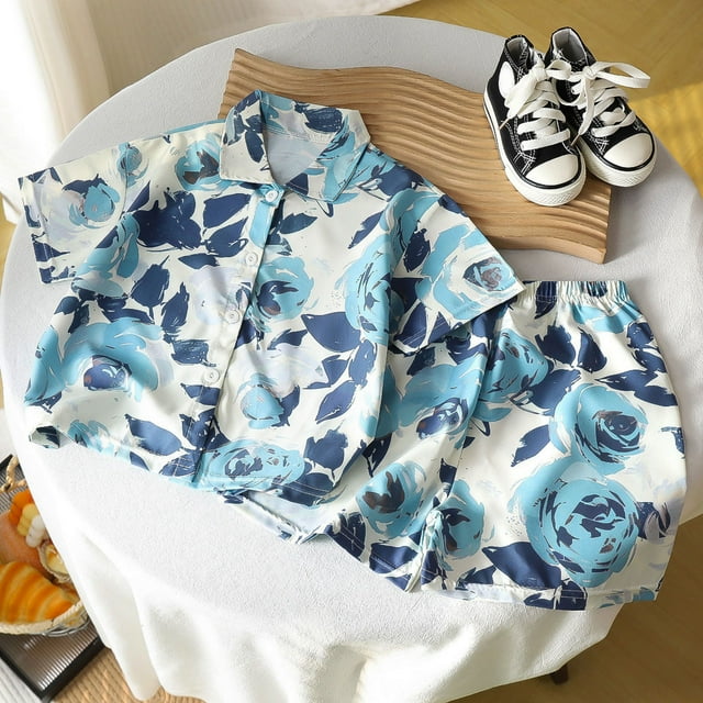 Kids Boy Outfits Set Light Blue Button-Down Shirt Tops + Cotton Shorts Summer Outfits Spring Outfits 6-7 Years