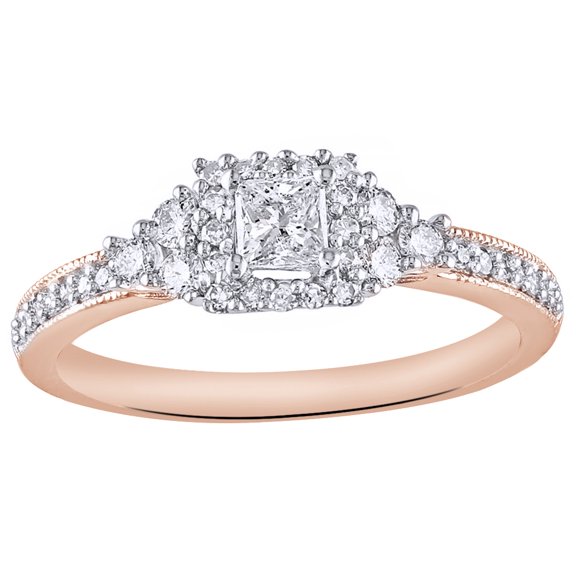 AFFY Princess & Round Cut White Natural Diamond Frame Tri-Sides Ring in 14K Rose Gold (0.5 cttw)