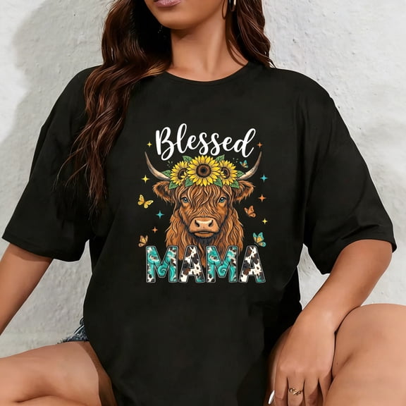 100% Cotton Mothers Day Blessed Mama Highland Cow Sunflowers Country Mom T-Shirt