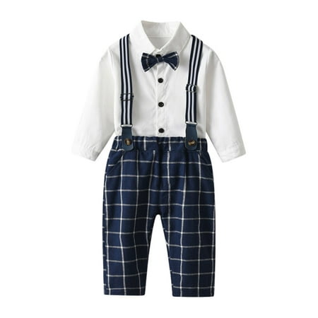 

SYNPOS 0-7Y Toddler Boys Clothes Formal Suit Sets Cotton Shirt+Bow Tie+Suspender Pants 3 Piece Infant Gentleman Outfits