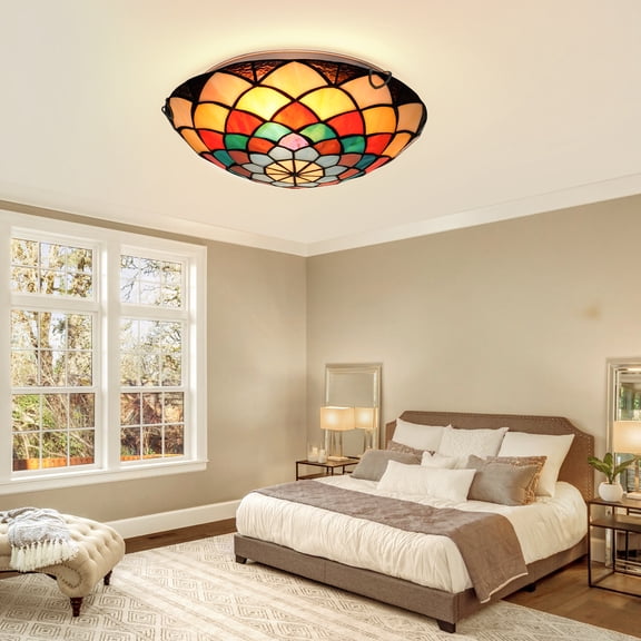LUOLAX 12" Mediterranean Rustic Stained Glass Ceiling Light with Plastic Shade - Wall-Mounted Control, E26 Base*2 for Living Room Bedroom Dining Room