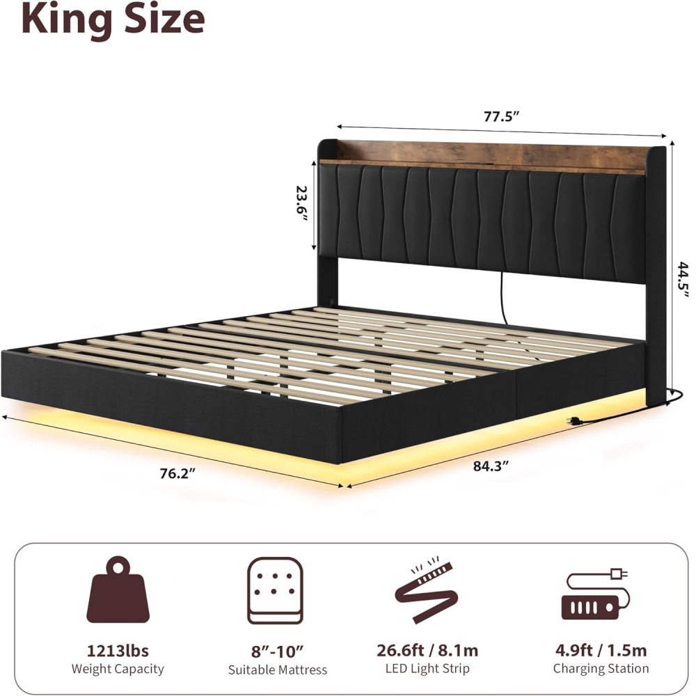 Eastvita Full/Queen/King Size Bed Frame, Floating Platform Bed with Headboard, LED Lights, Charging Ports, Modern Upholstered Bed Frame with Sturdy Wood Slats, No Box Spring Needed, Easy Assembly