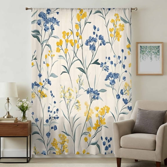 Yellow Blue Flowers Sheer Curtains 108" Extra Long, Watercolor Botanical Floral Plants Light Filering Curtains, Privacy Drapes Simi Floor to Veiling Curtain for Living Room Large Window Treatment