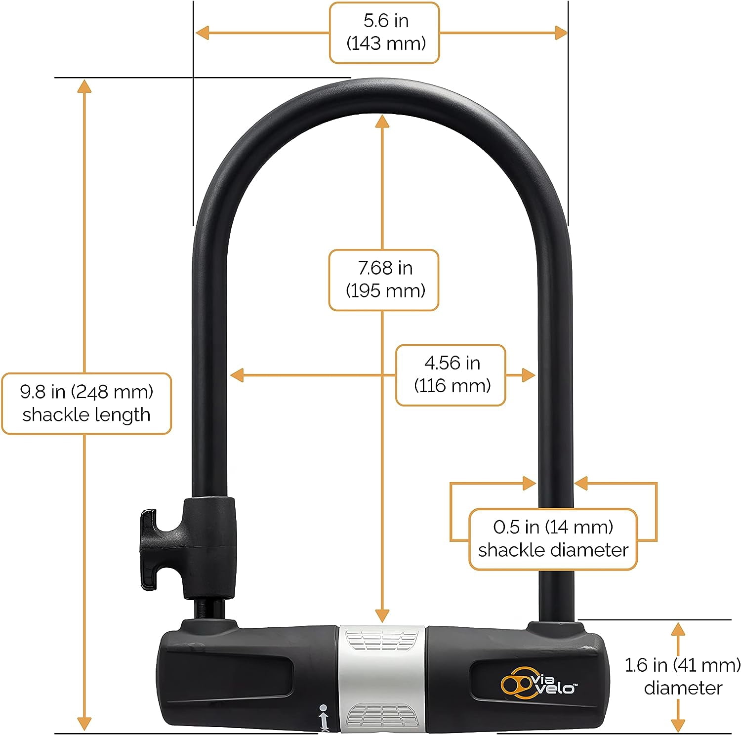 Via Velo Bicycle U Lock with Mounting Bracket 14mm Heavy Duty Bike Lock for Road & Electric Bike