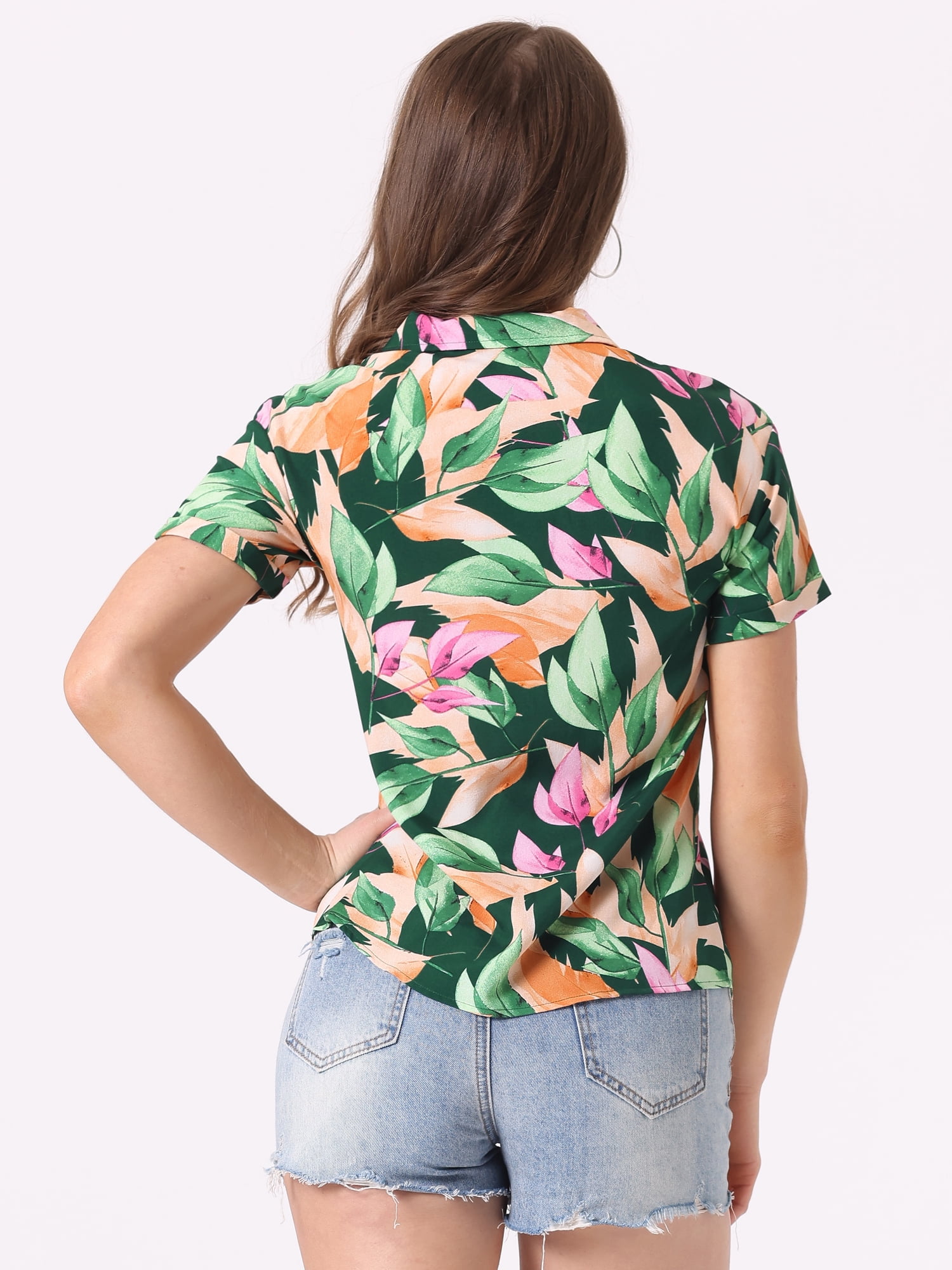 DARING DIVA Floral Leaves Print Short Sleeve Beach Top M Green Leaf