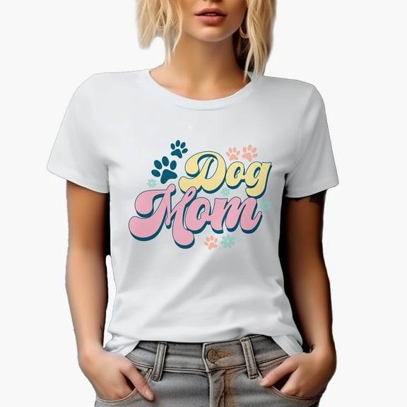 Dog Mom with Paws & Flowers Art Merch Gift, White T-Shirt, Small