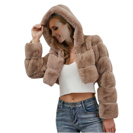 

Women s Faux Fur Cropped Bear Jackets Casual Long Sleeve Solid Hooded Coats Sherpa Parka Luxury Outerwears