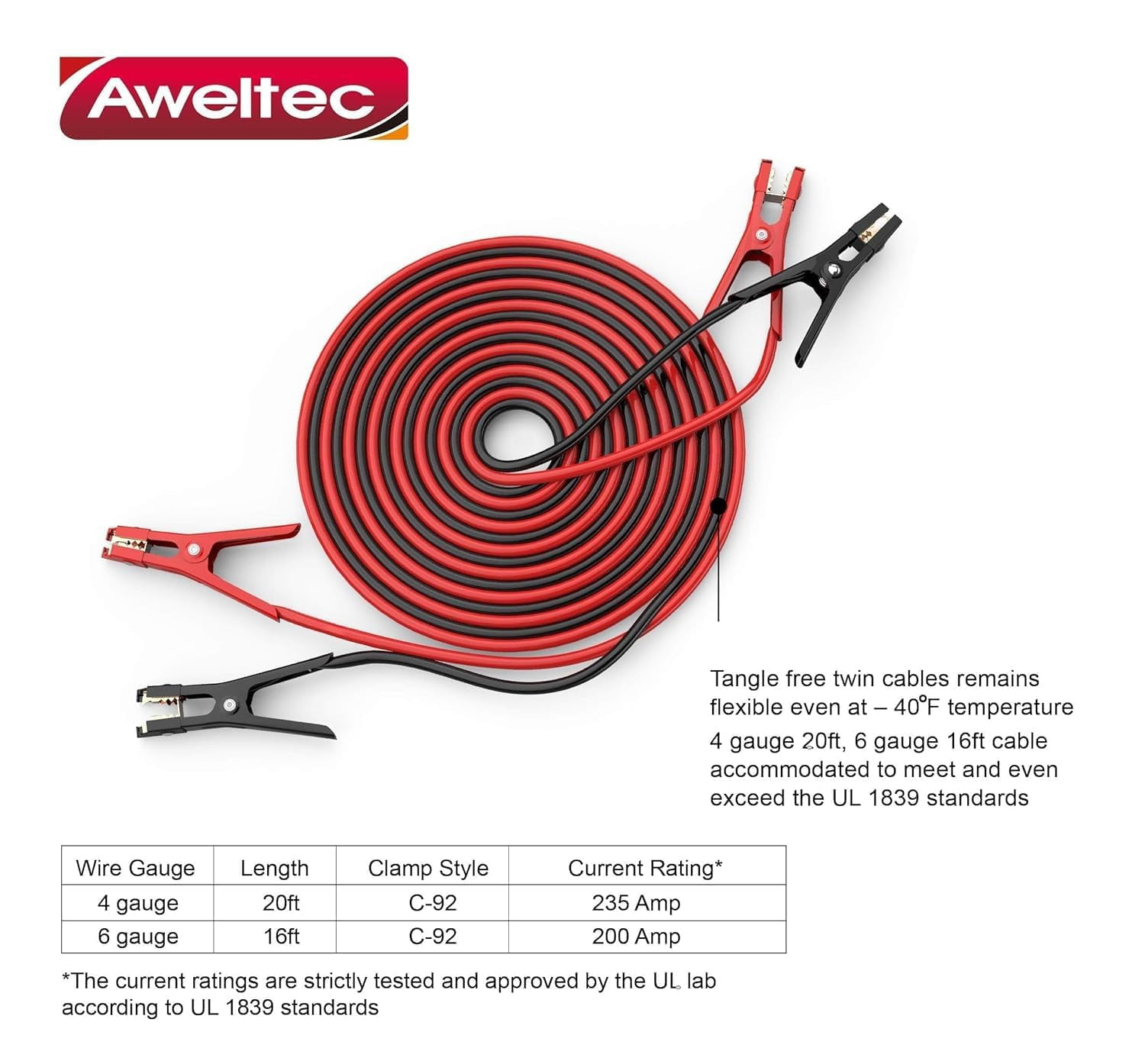 6 Gauge 16 ft Jumper Cables, Heavy Duty Battery Booster Cable Set with Alligator Clamps, Carry Bag, Safety Gloves and Wire Brush for Cars, Trucks and SUVs