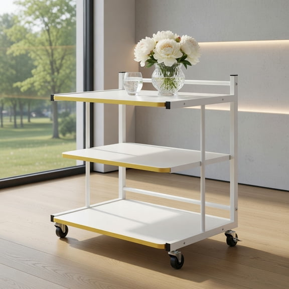 Resenkos Mobile 2-Tier Rolling End Table, Open Shelf Golden Trim Edge Side Table for Living Room, White
