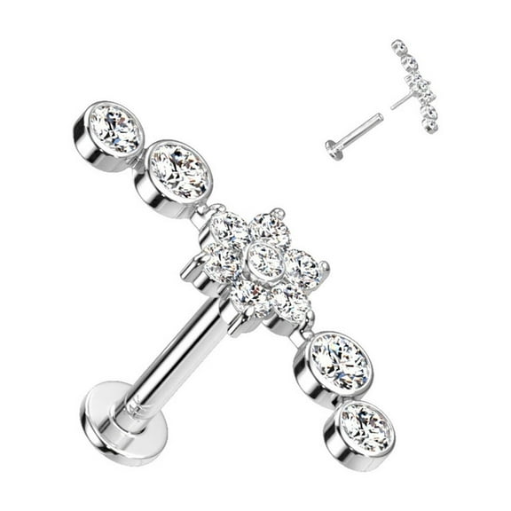 14 Karat Gold Cartilage Labret Stud 18  16 Gauge - CZ Flower Climber