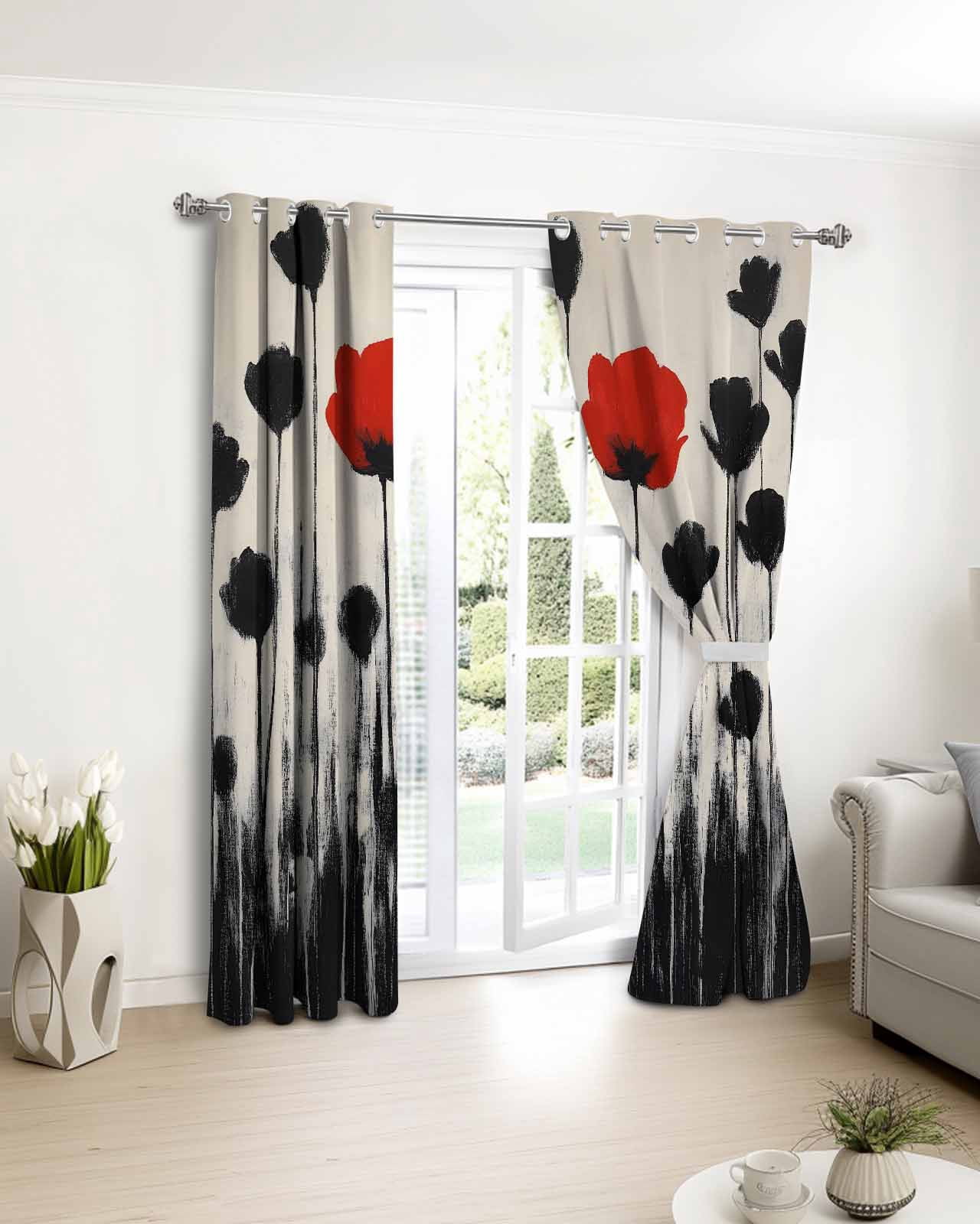 Red Floral Blackout Curtains 84 Inch Length Country Oil Painting Red Black Flower Linen Texture Vintage Thermal Insulated Window Curtain Window Drapes 2 Panels for Bedroom Living Room 42"Wx84"L