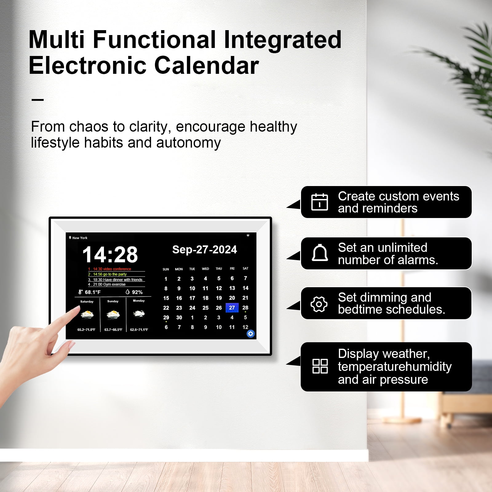Jazeyeah No APP Large 15.6 Inch Touch Screen Digital Calendar, 64 Groups of Memos, Auto-Sync Time & Date,7-Day Weather Forecast, Wall Calendar