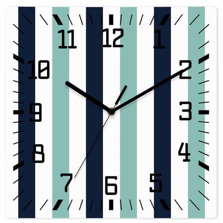 Turquoise Navy Blue Striped Wooden Wall Clock Silent Non Ticking, Farmhouse Stripe Art Square Wall Clocks Battery Operated, Decor Clock for Home Office, Living Room, Kitchen, 12 Inch