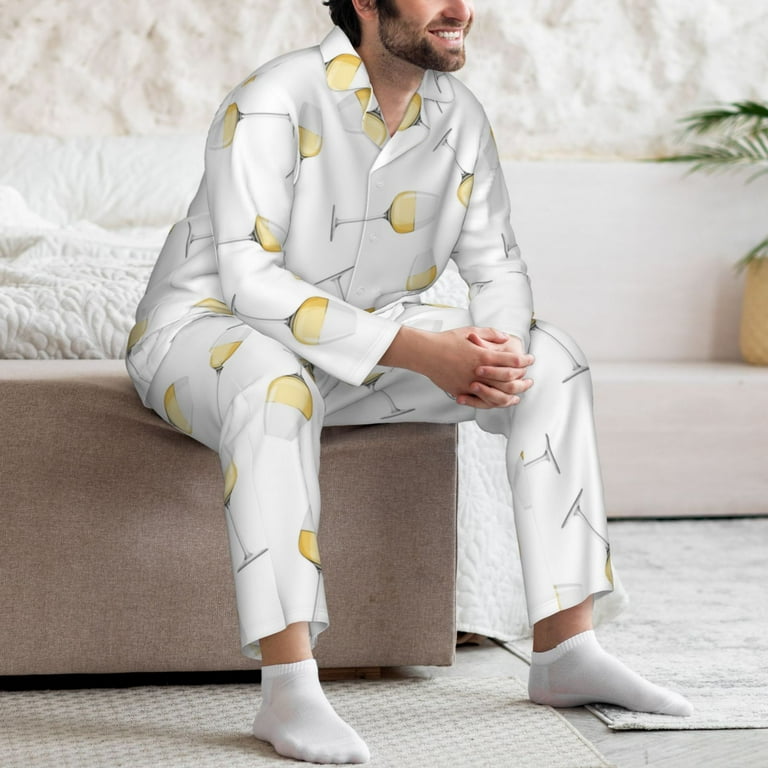 Mens Pajamas Set Champagne Glass Print Soft Comfy Long Sleeve Button Up Pajama Sets for Men 2 Piece Sleepwear Nightwear Pjs Lounge Sets for Men with Pockets Walmart