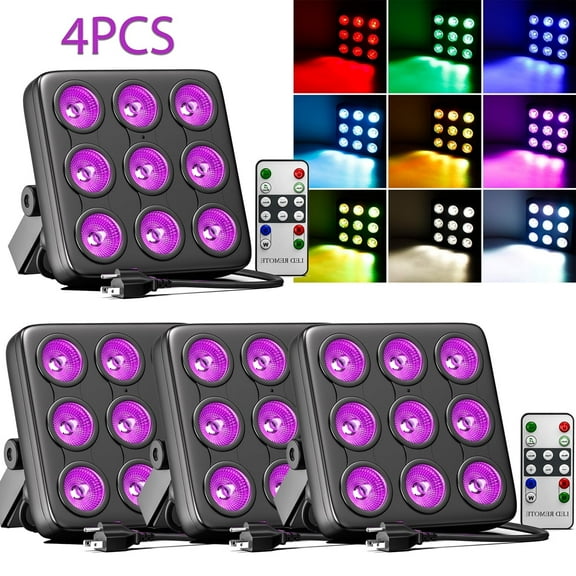 4-Pack Par Lights,RGBW 9PCS LEDs Square DJ Light Stage Effect Lighting with Remote Controller 8CH DMX512 for Party KTV