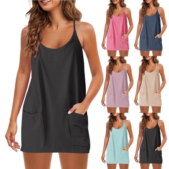 Juslio Women Dress Round Neck Halter Dresses, Loose Casual Solid Color with Pockets Tank Dress