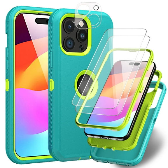 TASHHAR iPhone 15 Case with Screen and Lens Protector Military Grade Heavy Duty 3 in 1 Shockproof Armor for iPhone 15 6.1 inch 2023 Phone - Green Yellow