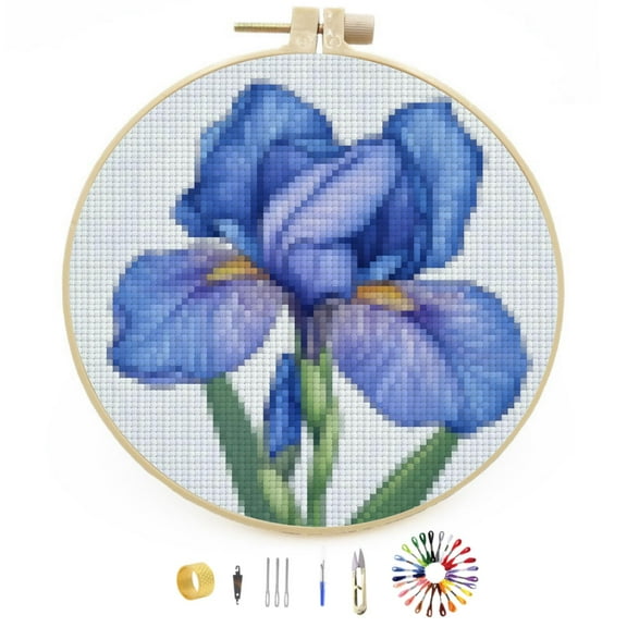 Iris Flower Graphic Easy Stamped Cross Stitch Kits for Beginners with Hoop Simple Patterns 11CT Counted Embroidery Needlepoint Crafts Arts for DIY Enthusiasts and Home Decor 26x26cm(2)
