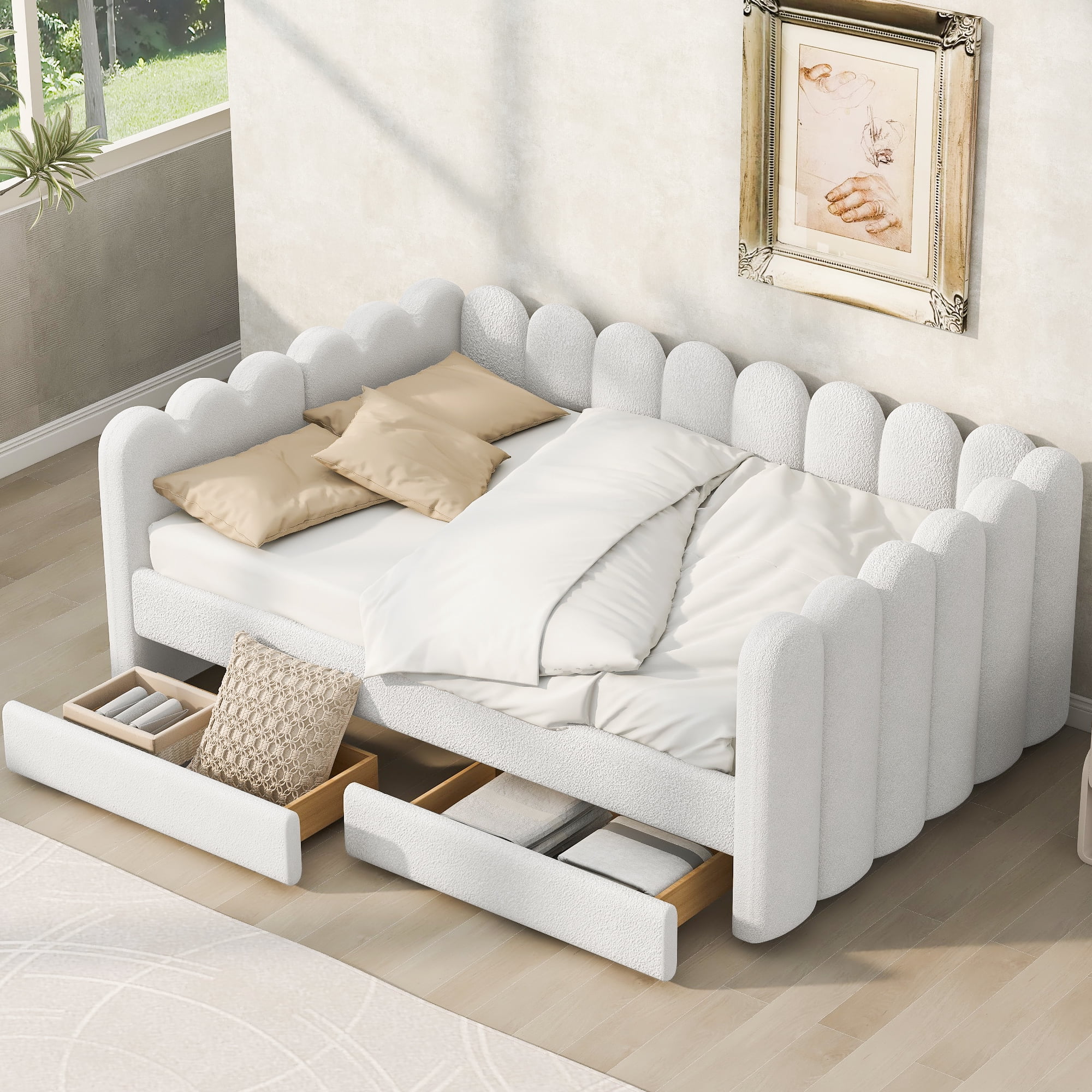 EUROCO Queen Upholstered Daybed with 2 Storage Drawers, Solid Wood Frame, Easy Assembly, Space-Saving Design, White