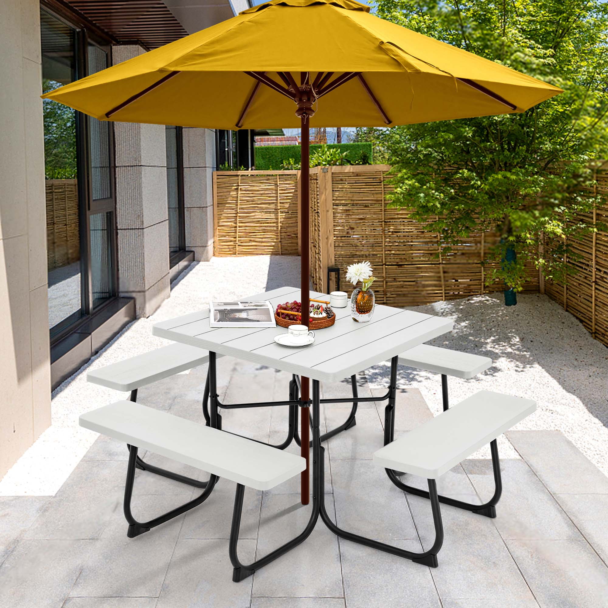 Costway Outdoor 8 person Square Picnic Table Bench Set with 4 Benches Umbrella Hole Grey